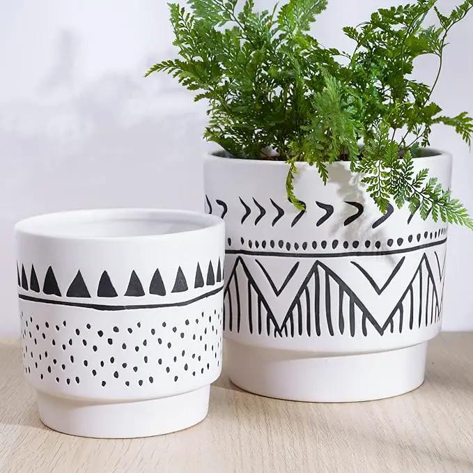Boho 6 Inch Ceramic Plant pots, Geometric Ceramic Embossed Flower Pots Indoor with Drainage Holes, 2 Set Minimalistic Planters for Indoor and Outdoor Plants(Beige&Black) by GreenHaven Gardens