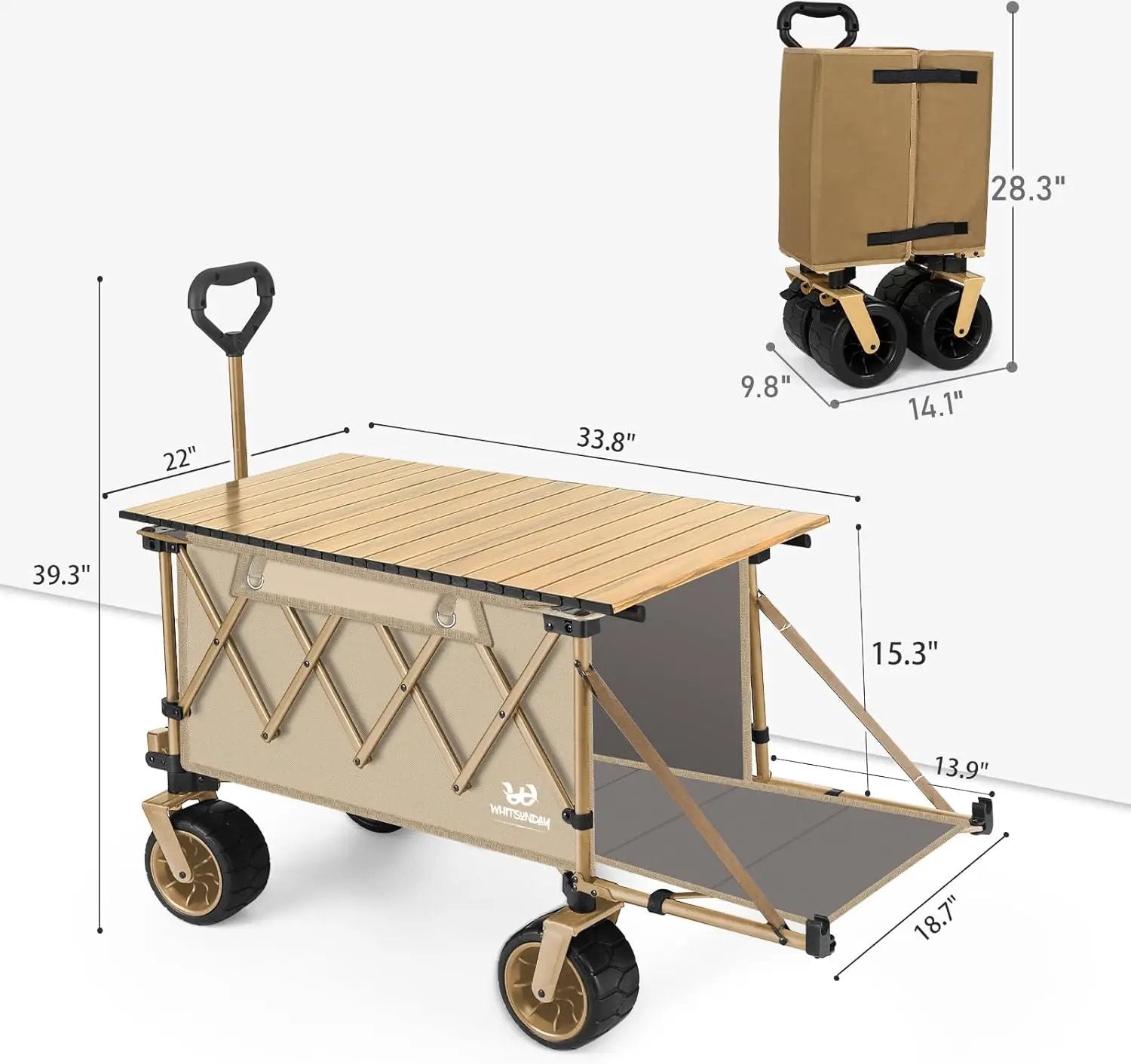 Whitsunday Collapsible Folding Wagon with Table,Heavy Duty Utility Beach Wagons with Opened Tailgate and All-Terrain Wheels for Camping,Garden,Sports Khaki by GreenHaven Gardens