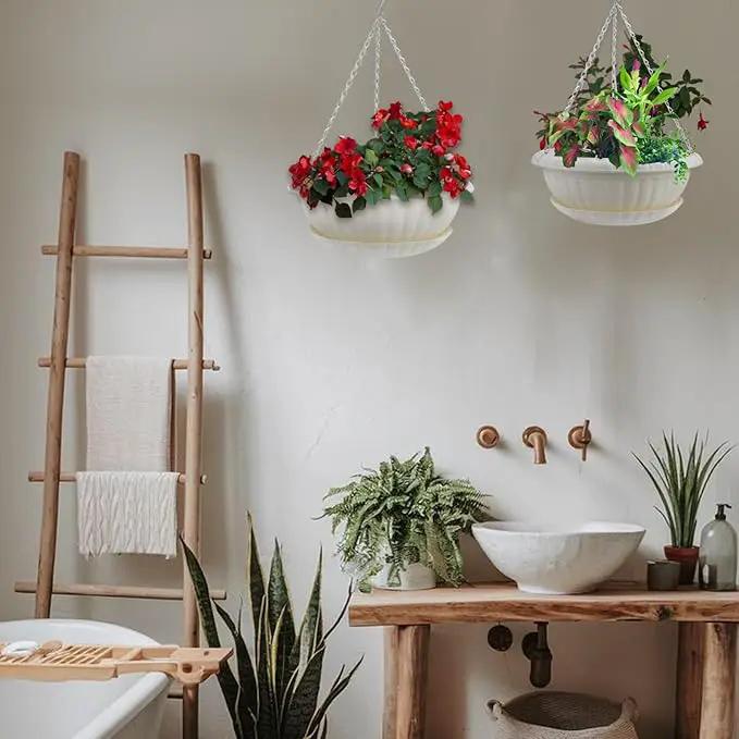 10.63in Hanging Planter Pots for Outdoor and Indoor Plants Flowers with Drainage Hole Tray Hooks Plastic Plant Baskets for Garden Home Porch (White, Pack of 6) by GreenHaven Gardens