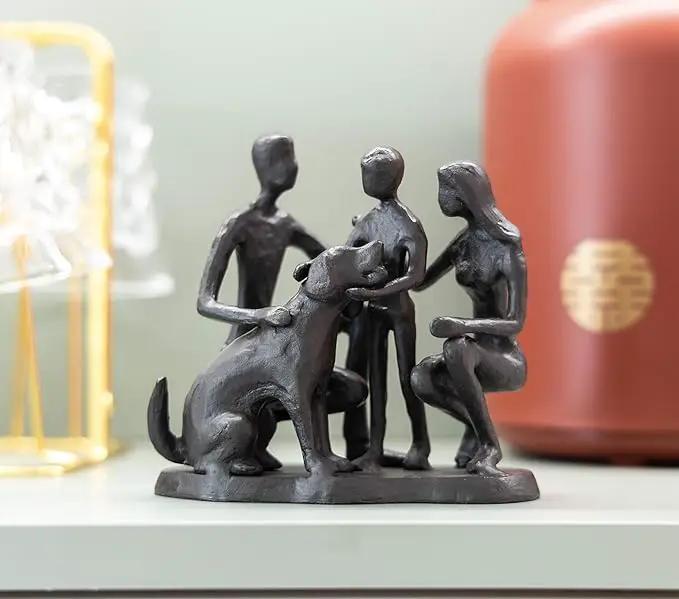 Family and Dog Statues, Cast Iron Family of 3 Figurine, Gift for Dog Lovers,Dog Memorial Gift, Black by GreenHaven Gardens