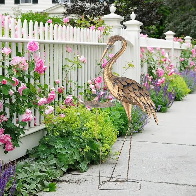 42'' Heron Garden Statue for Outside, Crane Outdoor Statue & Sculpture with Lotus Leaf, Metal Heron Yard Art Decor for Garden, Yard, Lawn, Pond (Gold & Blue) by GreenHaven Gardens