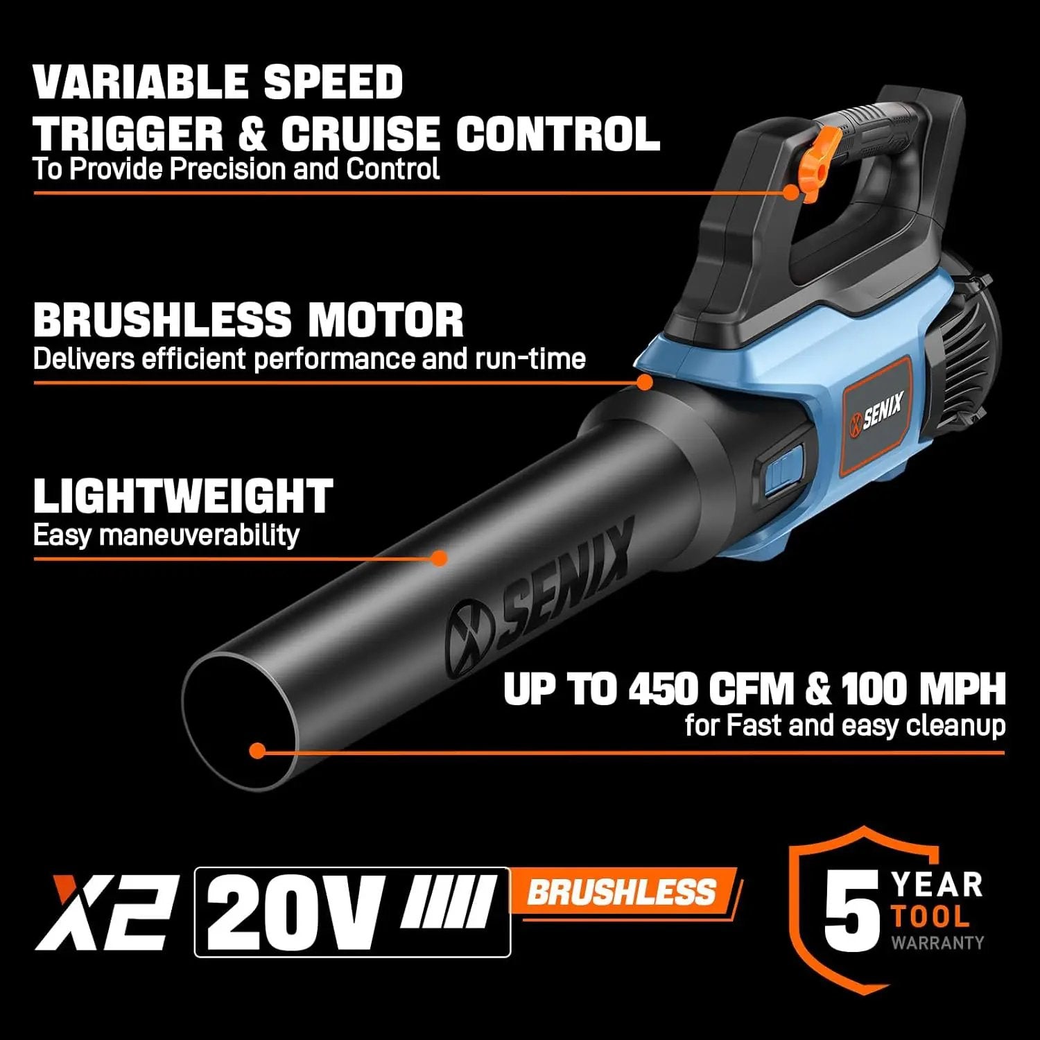 SENIX 20V Max Leaf Blower, Cordless, Brushless, Handheld, Up to 450 CFM and 100 MPH, 2 Speed Mode, Cruise Control, Lightweight, Tool Only, Battery and Charger Not Included(BLAX2-M3-0) by GreenHaven Gardens