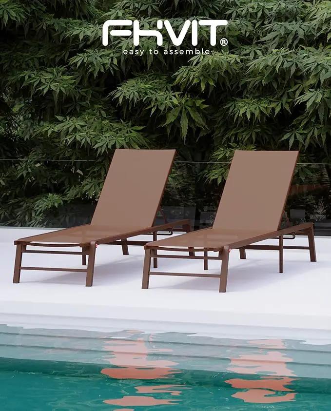 Aluminum Chaise Lounge Chair Outdoor, Foldable Patio Lounge Chair 2 Sets Assemble-Free, Pool Lounge Chairs with 5 Adjustable Backrest, Outdoor Lounge Chairs for Outside Poolside Beach Lawn Brown by GreenHaven Gardens