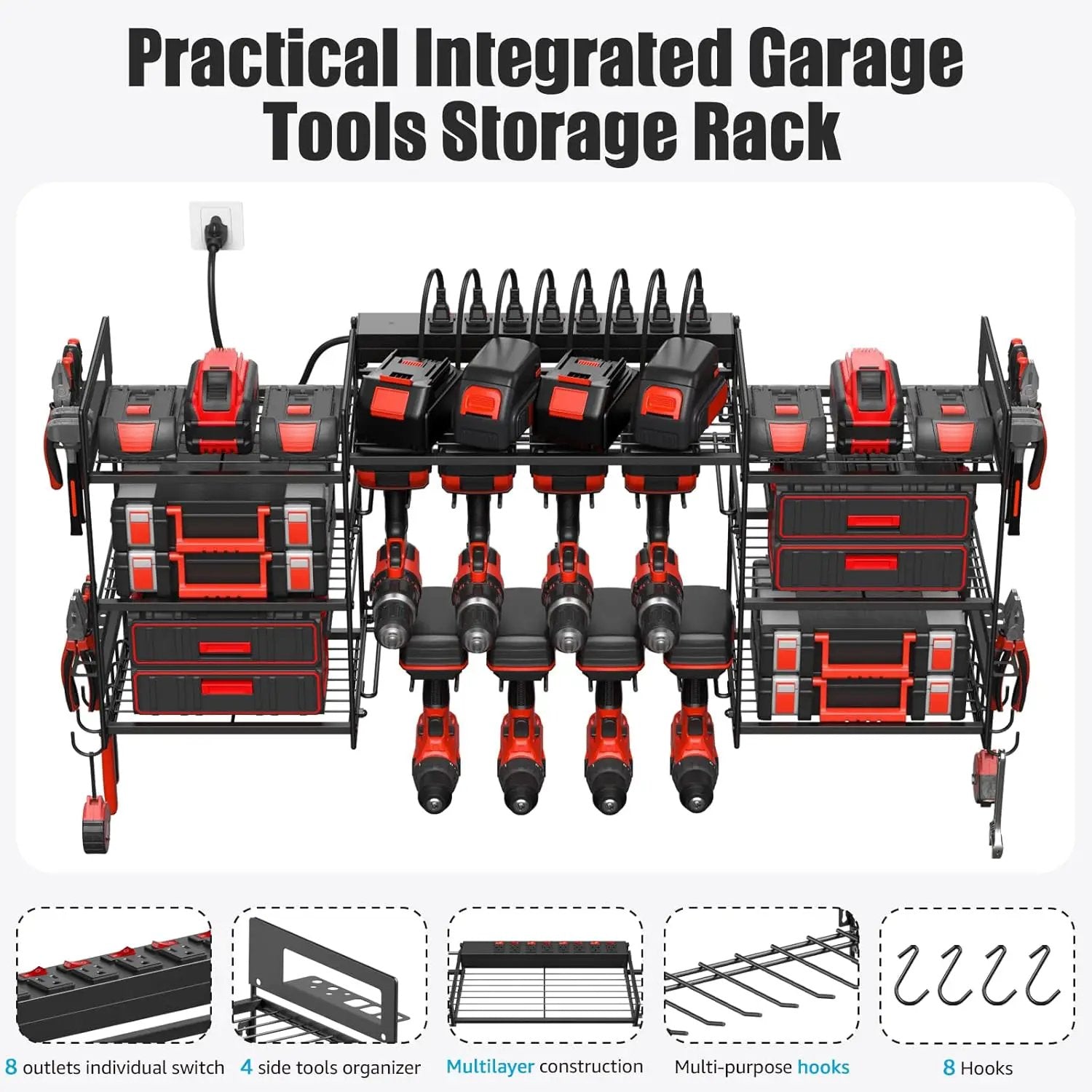 CCCEI Black Power Tool Organizer Wall Mount, Large Tools and Battery Storage Rack Charging Station Individual Switches. Drills Holder, Garage Utility Shelves with 6FT Power Strip. Gift for Men. by GreenHaven Gardens