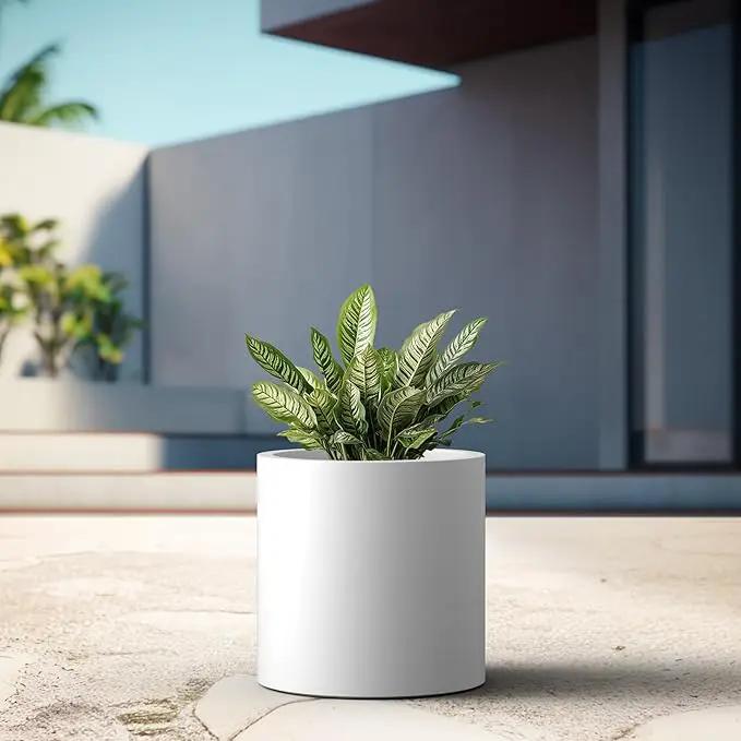 Kante 15.7" Dia Round Concrete Planter, Modern Style Large Cylindrical Plant Pot with Drainage Hole and Rubber Plug for Indoor Outdoor Patio, White by GreenHaven Gardens