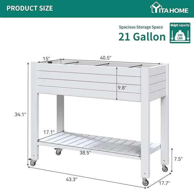 YITAHOME 43.3x17.7x34 in Elevated Garden Bed, Outdoor Plastic Planter Box with Wheels, Legs, Drain Plug, and Storage Shelf for Plants, Vegetables, Flowers, Herbs, Grayish-White by GreenHaven Gardens