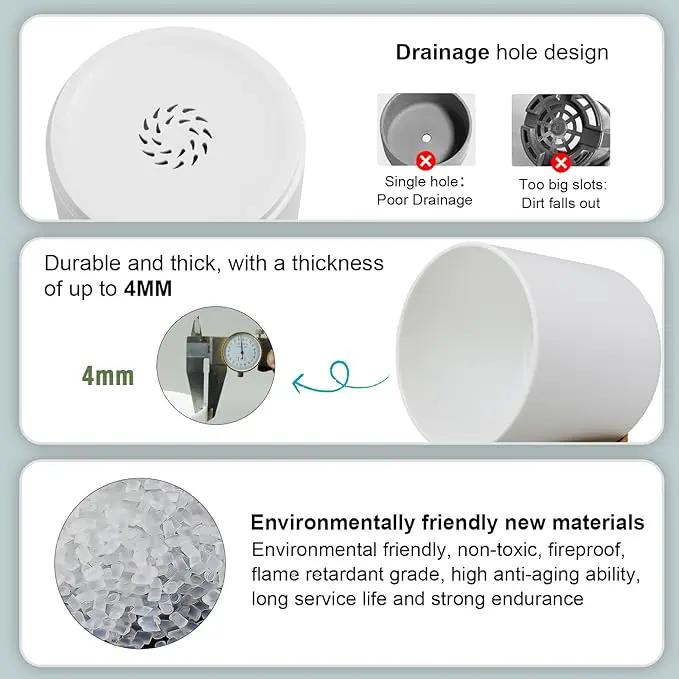 5 Pack Cylindrical Flower Pots with 7/6.5/6/5/4 inch, Modern Small Plastic Plant Pots with Drainage Holes & Saucers, Round Planter Pots for Outdoor, Indoor & Office Decor (White Brown) by GreenHaven Gardens