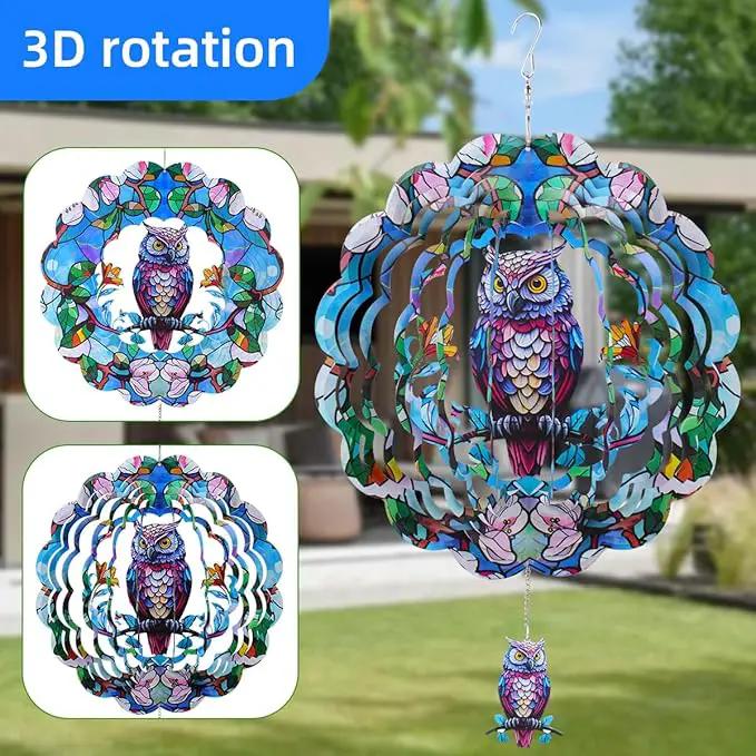 Wind Spinners Outdoor, FACIACC Owl Metal 3D Hanging Garden Decor, 12-inch Stainless Steel Wind Spinner with Tail Spinner, Wind Sculptures for Indoor Patio Lawn Yard, Ornament Gift for Women/Men by GreenHaven Gardens
