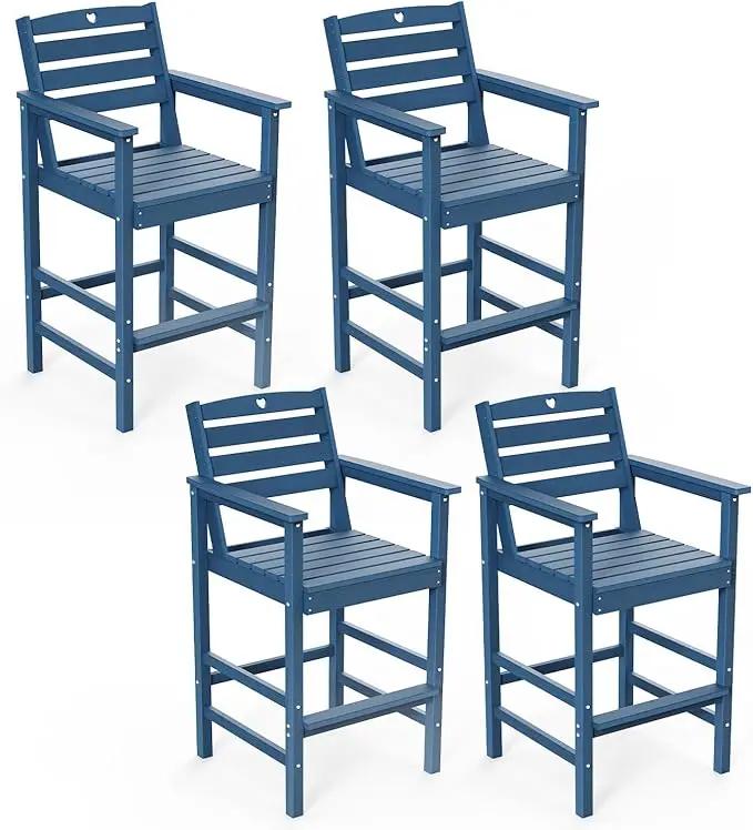 Tall Adirondack Chairs Set of 4, HDPE Wood Balcony Adirondack Chairs Set with Heart Cutout Design, Weather-Resistant Bar Height Furniture for Deck, Porch, Pool (Navy Blue) by GreenHaven Gardens