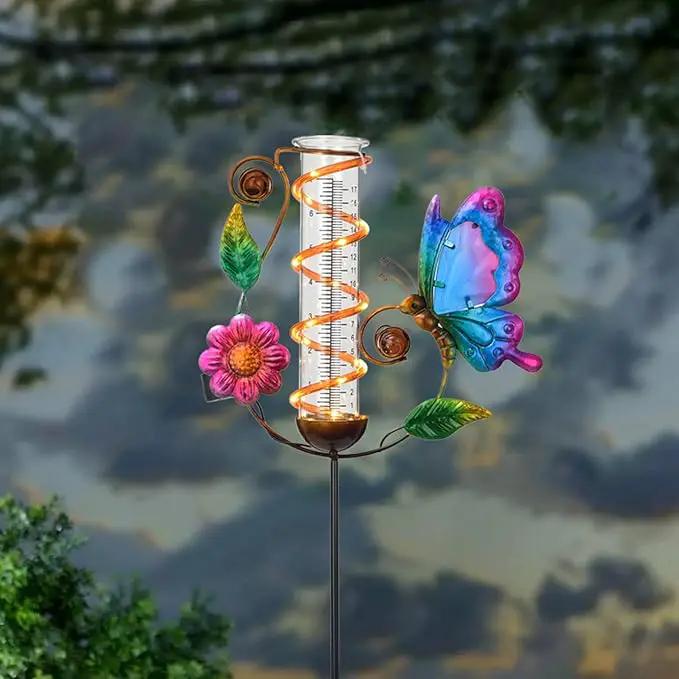 LEWIS&WAYNE 36.3” Butterfly Rain Gauge Outdoor, 7” Glass Tube Solar Powered 10 Warm White LEDs Garden Metal Stakes Decorative Waterproof for Yard Garden Patio Lawn by GreenHaven Gardens