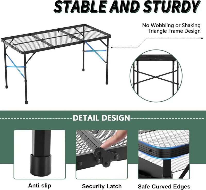 Folding Gril Table, 4x2 FT Camping Table with Mesh Desktop,Height Adjustable Folding Grill Table with Mesh Bag,Portable Outdoor for Picnic,Camping,BBQ,Beach(Black) by GreenHaven Gardens