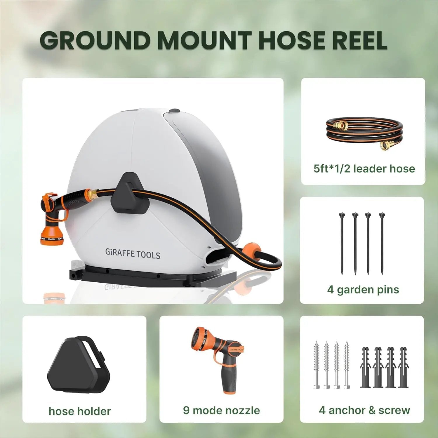 Giraffe Tools Retractable Hose Reel with 1/2 Inch x 100FT, Heavy Duty Ground Mount Garden Hose Reel, Automatic Rewind,with 9-Function Sprayer Nozzle & Flexible Swivel Base by GreenHaven Gardens