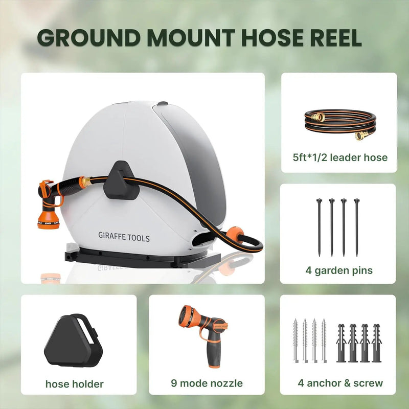 Giraffe Tools Retractable Hose Reel with 1/2 Inch x 100FT, Heavy Duty Ground Mount Garden Hose Reel, Automatic Rewind,with 9-Function Sprayer Nozzle & Flexible Swivel Base by GreenHaven Gardens