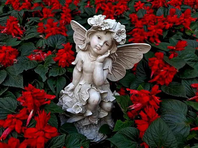 MeritMode 12.8" Fairy Garden Outdoor Guardian Angel Statue - Waterproof Resin with Flower Base, Unique for Patio, Balcony & Yard Decor by GreenHaven Gardens
