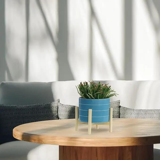 8" Ceramic Planter on Wooden Bamboo Stand - Contemporary Blue While Striped Design For Indoor or Outdoor Plants, Succulents, Cactus by GreenHaven Gardens