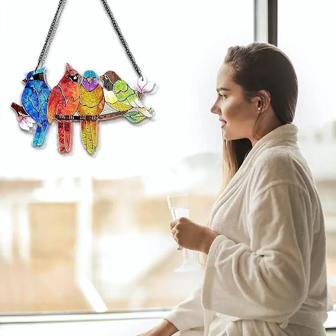 Stained Glass Window Hanging - Birds on A Branch Suncatcher for Window Doors Home Decoration, Valentine's Day Mother's Day Birthday Bird Lover Gifts for Women, Men, and Mom Grandma by GreenHaven Gardens