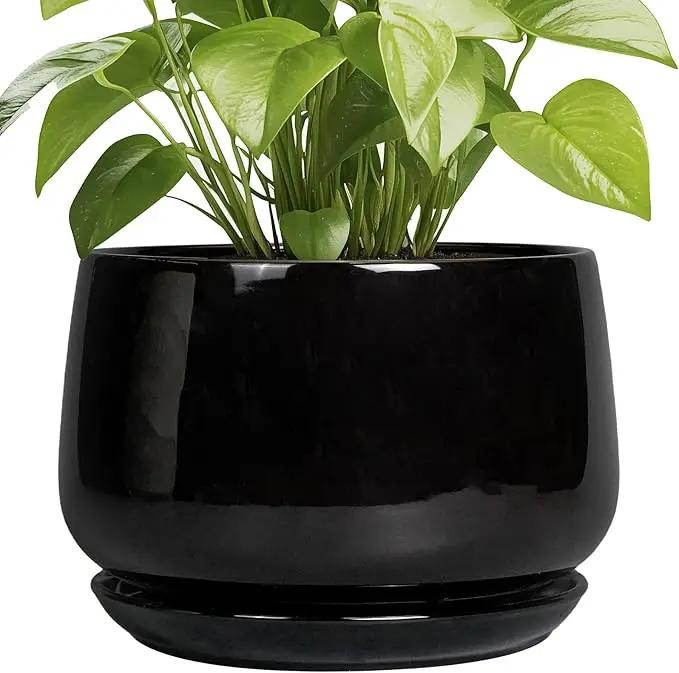 G EPGardening Ceramic Plant Pots - 9 Inch Round Planter, Ceramic Pots for Plants with Drainage and Tray, Flower Indoor Outdoor Planter, Modern Desk Decor, Plant Lover Gifts, Black by GreenHaven Gardens