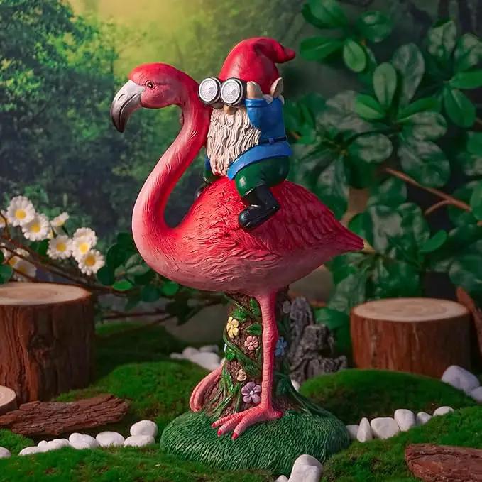 Solar Flamingo Gnome Garden Decor Statue, Outdoor Funny Solar Light Decoration for Yard, Patio, Lawn, Unique Housewarming, Birthday Gift for Women, Mom, Grandma by GreenHaven Gardens
