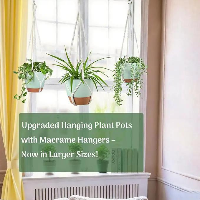 Larege Hanging Planters with Macrame Plant Hangers for Indoor Outdoor Plants 3 Set 10" / 8" / 7" Self Watering Pots Hanging Baskets Flower Pot Holders 3 Different Size Green Large by GreenHaven Gardens