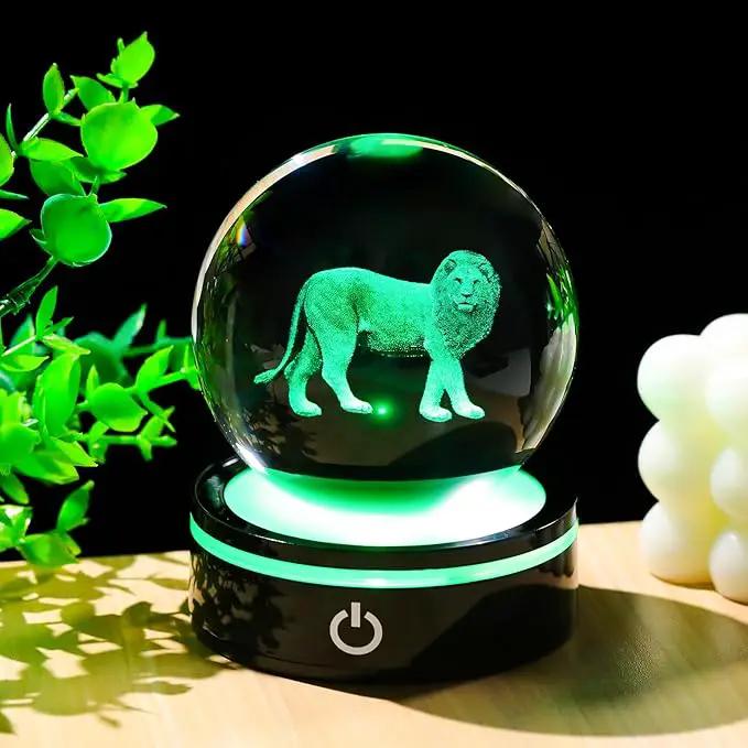 YWHL 3D Crystal Ball Lion Figurine with LED Base, Lion Gifts for Men Women Lions Lovers on Christmas Birthday, Lions Ornament Glass Sphere Decorative Ball for Home Decor (80mm) by GreenHaven Gardens