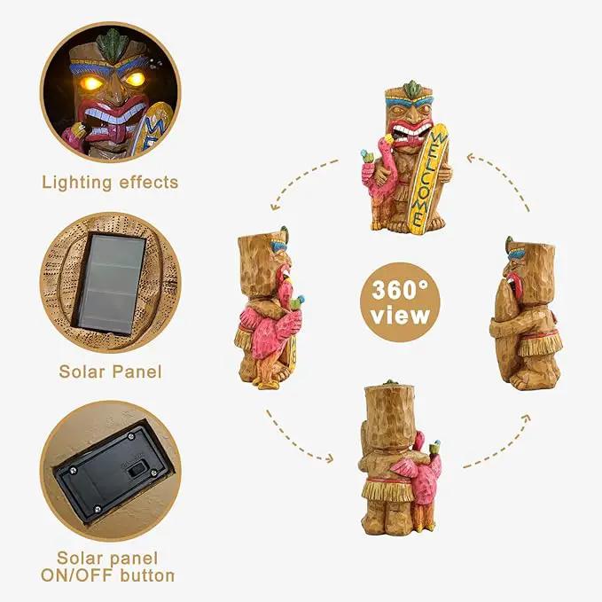 Welcome Tiki Statue with Surfboard Flamingo-Solar Outdoor Decor - Tiki Man with Automatic Switch On Flickering Eyes LED Light for Tiki Bar Decorations, Patio, Balcony, Yard,Lawn,Gifts by GreenHaven Gardens