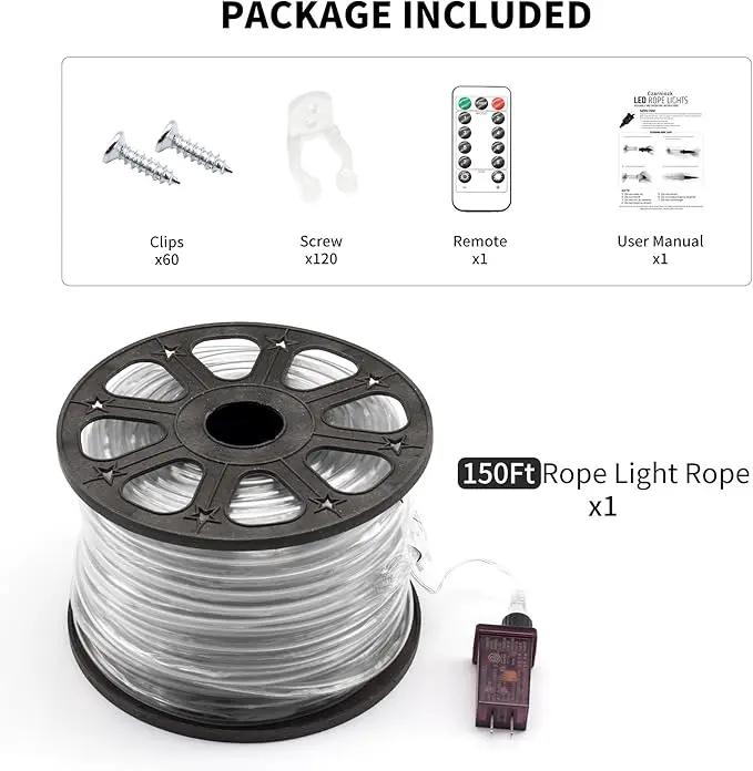 LED Rope Lights for Outside 150Ft Waterproof Rope Lighting 643 LEDs 110V 8 Modes Remote Control Timer Christmas Rope Lights for Indoor Outdoor Party Holiday Garden Decoration (White)