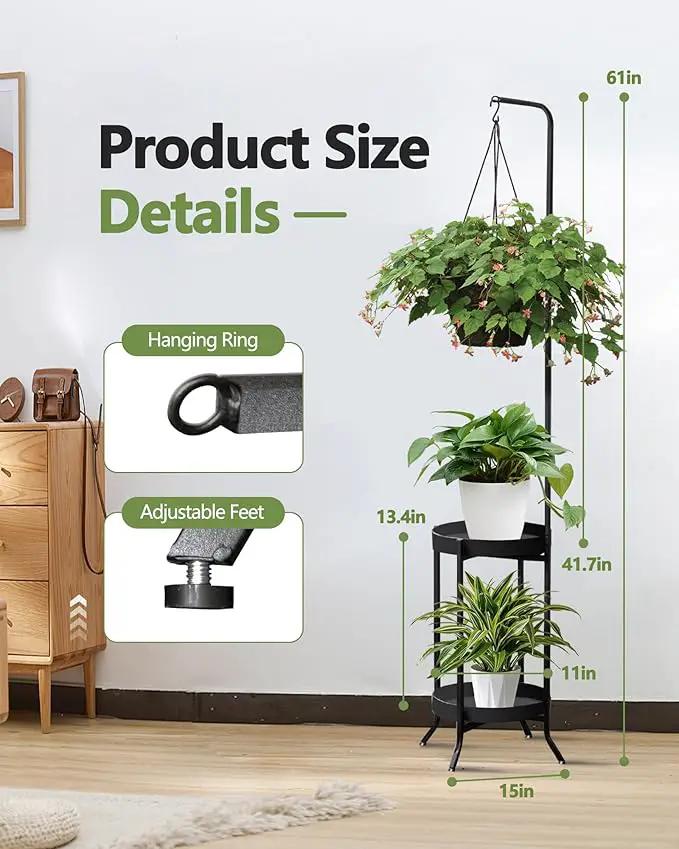 2Pcs Hanging Plant Stand Indoor Outdoor, Space-Saving Corner Metal Plant Shelf 3 Potted Flower Pot Stand, 2 Tier 61" Tall Modern Planter Holder for Patio Garden Balcony Living Room Bedroom by GreenHaven Gardens