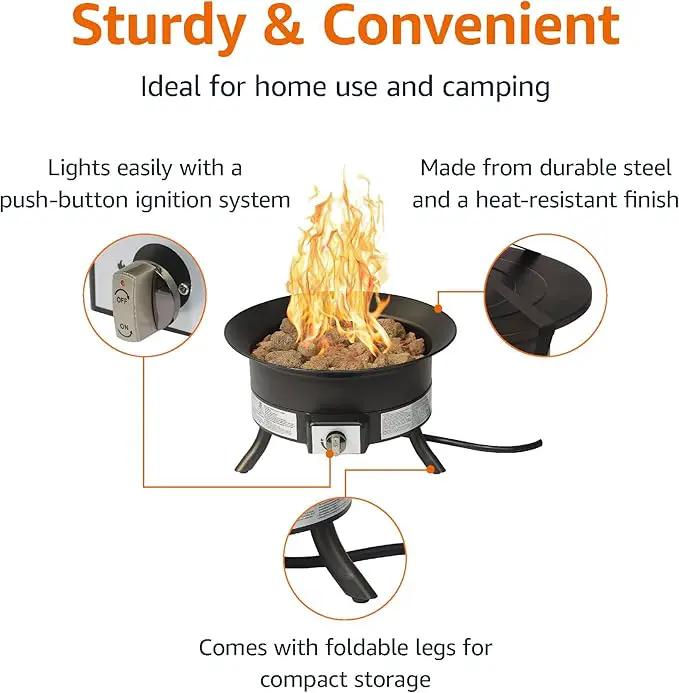 Amazon Basics Portable Propane Fire Pit, 19 inch Round Gas for Patio, 55,000 BTU Carry Strap by GreenHaven Gardens