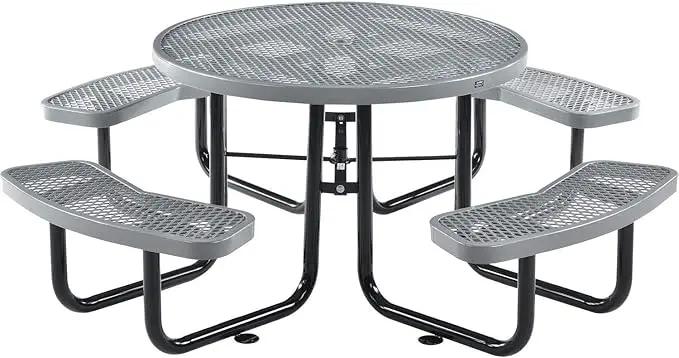 Global Industrial 46" Round Picnic Table, Expanded Metal, Gray Thermoplastic Coating, Attached Benches, 1-1/2” Umbrella Pole Hole, Outdoor-Rated, 1000 lb Capacity by GreenHaven Gardens