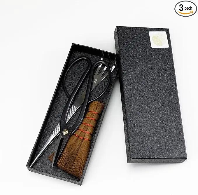 Wazakura Japanese Bonsai Garden 3PCS Tool Starter Kit, Made in Japan, Ashinaga Bonsai Scissors, Stainless Tweezers with Rake, Chinese Broom. Beginner Set with Shears, Tweezers and Soil Brush by GreenHaven Gardens
