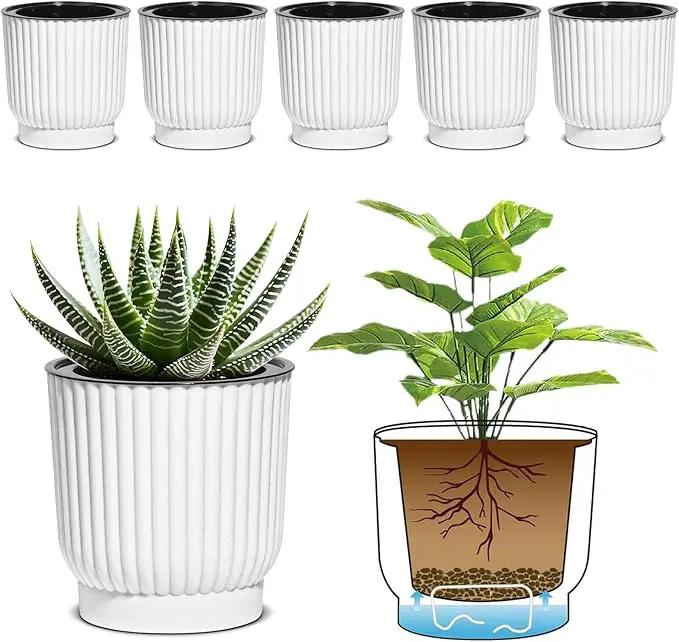 T4U 4 Inch Self Watering Pots for Indoor Plants, 6 Pack White Plastic Flower Pots for All House Plants, Flowers, African Violets by GreenHaven Gardens