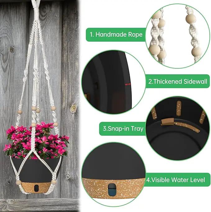 ZMTECH 2 Pack 10 Inch Hanging Planters with Macrame Plant Hanger for Indoor and Outdoor Plants, Self Watering, Drainage Hole, Visible Level Tray, Gray by GreenHaven Gardens