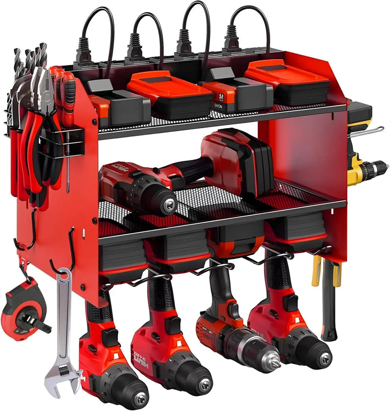 Power Tool Organizer wtih Charging Station，3 Layers Storage Rack with Screwdriver Rack 6 Drill Holders 8 Outlets Max Load 110lbs，for Workshop Garage Organizers and Storage Tool Battery Holder (red) by GreenHaven Gardens