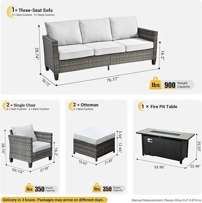 ovios 6 Pieces Patio Furniture Set with 54" Fire Pit Table, Outdoor Wicker Sofa with Comfy Cushions, All Weather High Back Rattan Couch Conversation Set, Grey by GreenHaven Gardens