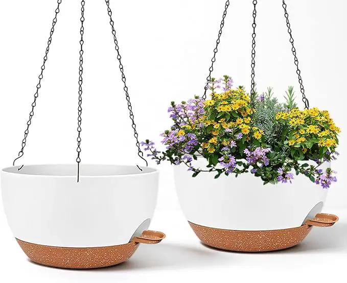 2 Pack 12 Inch Large Hanging Planters with Chains Self Watering White Brown Plastic Hanging Pots for Indoor Outdoor Plants, Garden Porch Home Decor，White Brown by GreenHaven Gardens