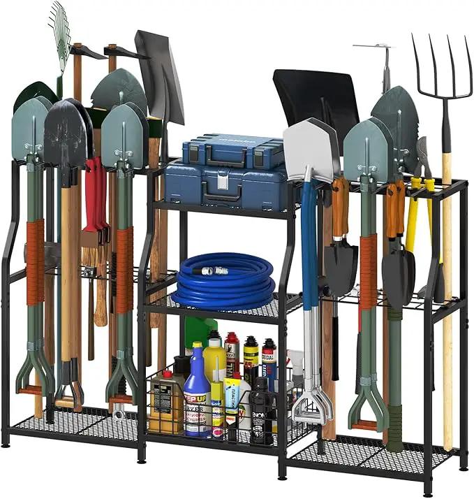 keomaisyto Garden Tool Organizer, Heavy Duty Yard Tool Tower Rack for Garage Organization and Storage, 3 Tier Utility Garden Tool Rack with hooks for Garden/Shed/Garage/Yard/Basement/Lawn by GreenHaven Gardens