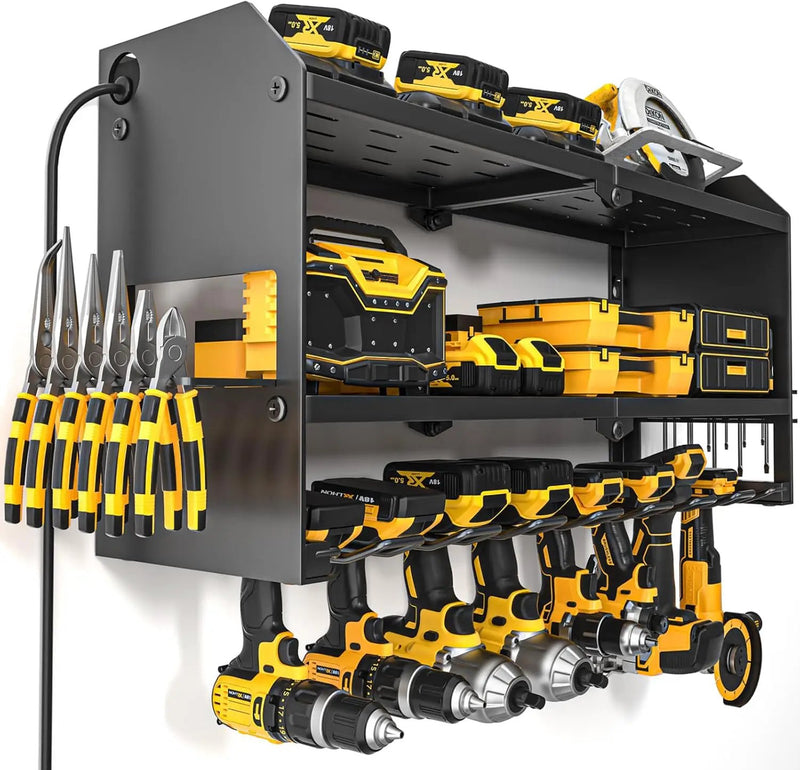YYR Power Tool Organizer with Charging Station Wall Mount, Cordless Drill and Battery Holder for Garage Organization, Electric Tools Storage Rack Build in Surge Protection Power Strip - Black Shelf by GreenHaven Gardens