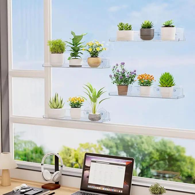 Lifewit Window Plant Floating Shelves 15 inch, 4 Pack Acrylic Suction Cup Shelf, Window Sill Extender for Indoor Succulent Plants, Micro Greens, Seed Starter Pots, Herb Planters by GreenHaven Gardens