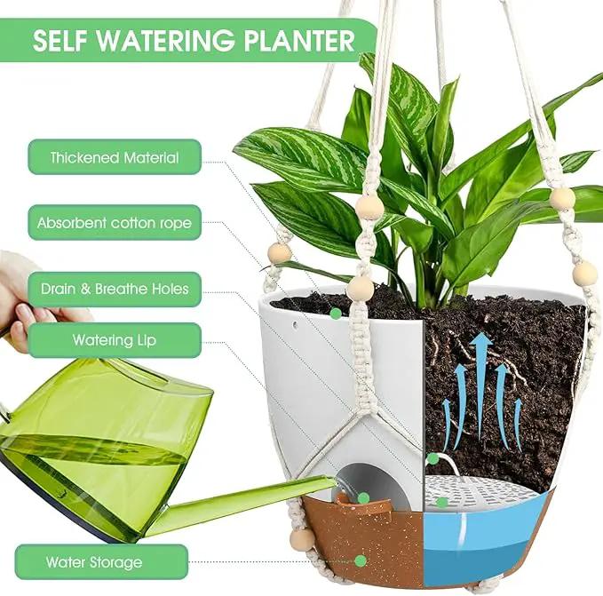 Hanging Planters for Indoor Outdoor Plants, 2 Pack Self Watering Hanging Pot with Drainage Holes, Removable Tray & 2 Kinds of Plant Hangers, 10'' Hanging Flower Pots for Home Garden Decor, White by GreenHaven Gardens