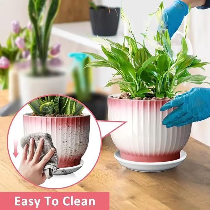 8 Inch Plant Pot, Ceramic Planter with Drainage and Saucer, Ceramic Pots for Plants, Indoor Plant pots,Flower pots(Pink + White, Plants NOT Included) by GreenHaven Gardens