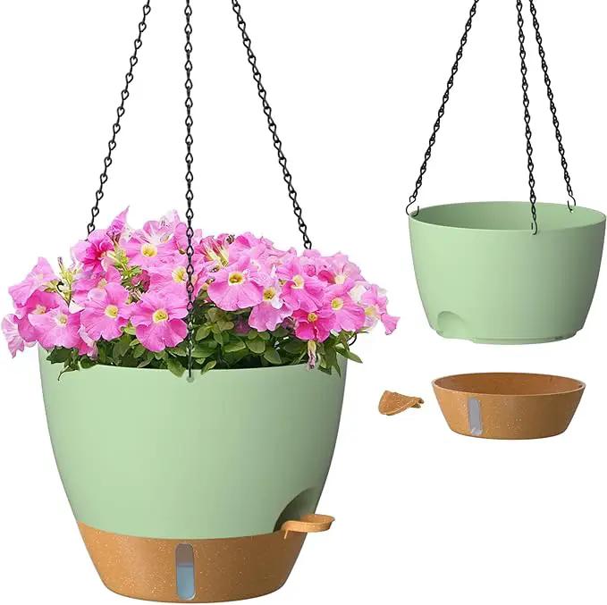 ZMTECH 12 Inch Hanging Planters for Indoor Outdoor Plants, 2 Pack Self Watering Hanging Plant Pots with Drainage Hole, Visual Reservoir, Plastic Flower Hanging Pots with Watering Lip (Green) by GreenHaven Gardens