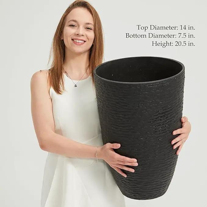 Worth Garden 21" H Tall Planters 2 Pack - 14'' Dia Resin Large Round Black Flower Pots for Outdoor Plants Trees - Imitation Stone Finish Plastic Indoor Front Porch 9 Gallon Decorative Container Patio by GreenHaven Gardens