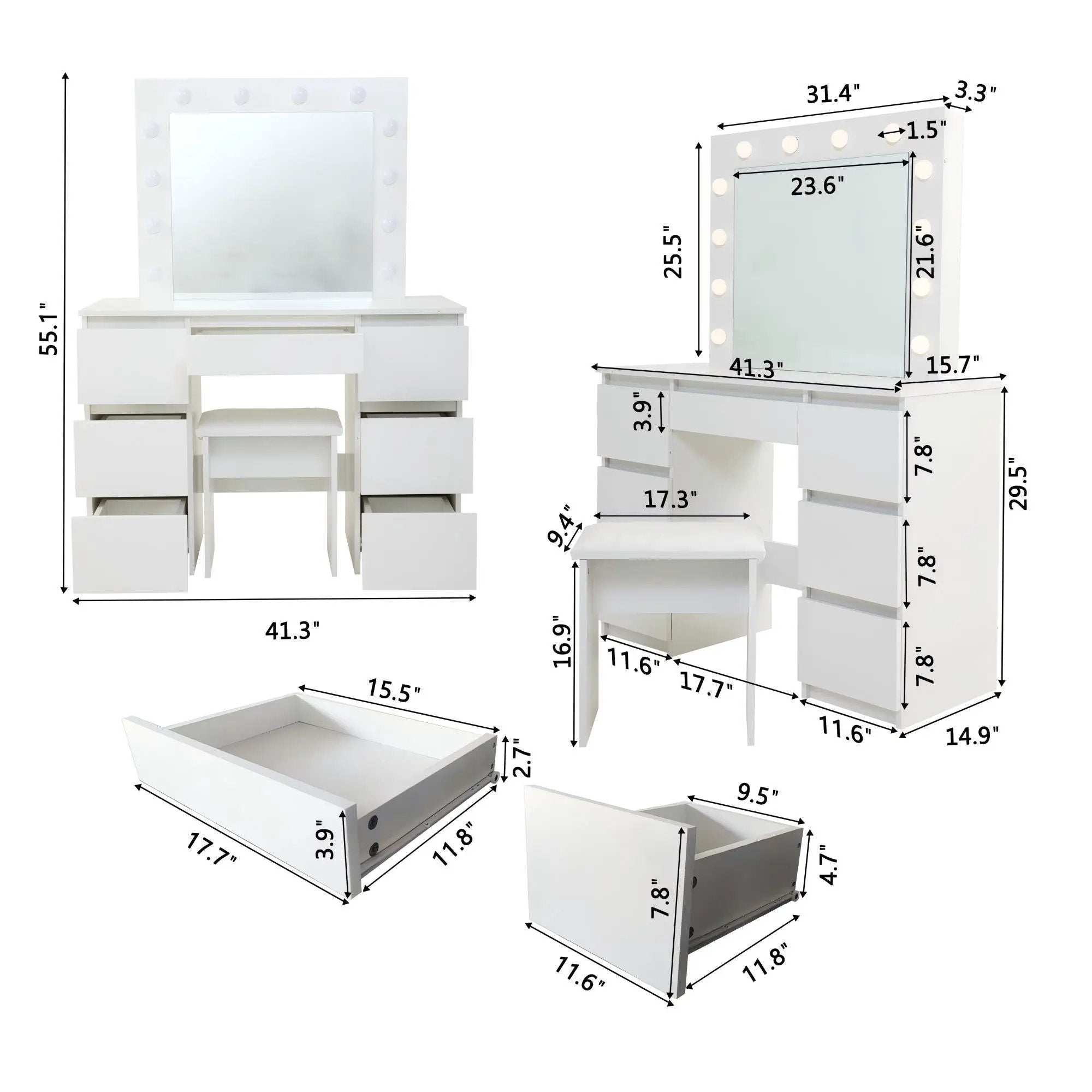 Large Vanity Tables With Mirror And Light - Matte White