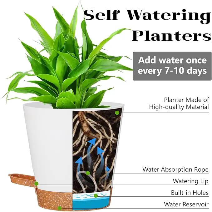 Plant Pots Outdoor Self Watering Pots, Flower Pots with Drainage Hole and Reservoir White Plastic Planters for Indoor Plants Home Decorations Gift Idea 5Pack by GreenHaven Gardens