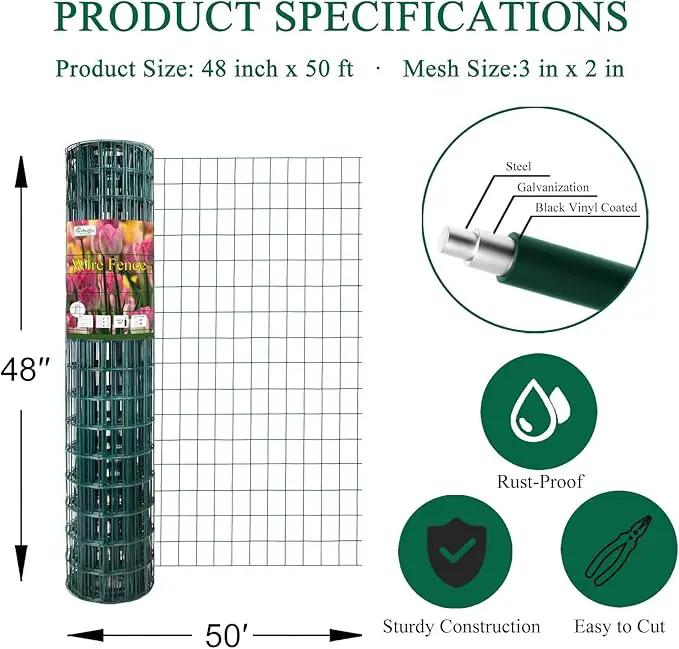 Green PVC Coated Welded Wire Fence 48 Inch x 50 Foot, 2 Inch x 3 Inch 16GA, Garden Border Fencing Roll Vinyl Coating Metal Wire Mesh for Yard Vegetable Plant Protection Poultry Netting by GreenHaven Gardens