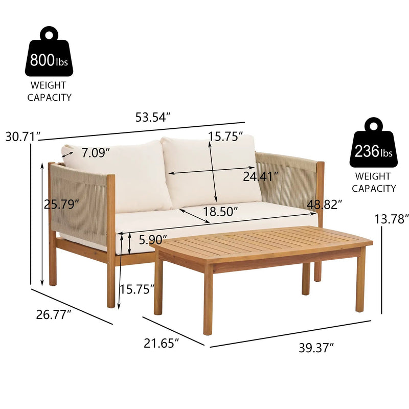 Outdoor Loveseat and Coffee Table Set with Acacia Wood Frame in Teak Look by HouseOfZazla