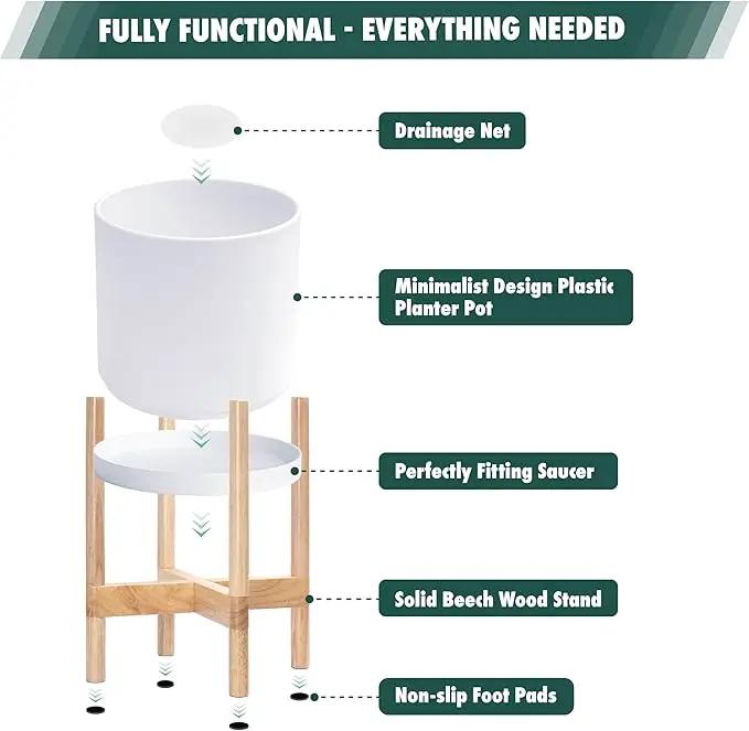 D'vine Dev Planter Pot with Stand - 12 Inch Plastic Cylinder Flower Pot with Wood Planter Holder for Indoor, Matte White Pot + Natural Stand, 55-C-P-1 by GreenHaven Gardens