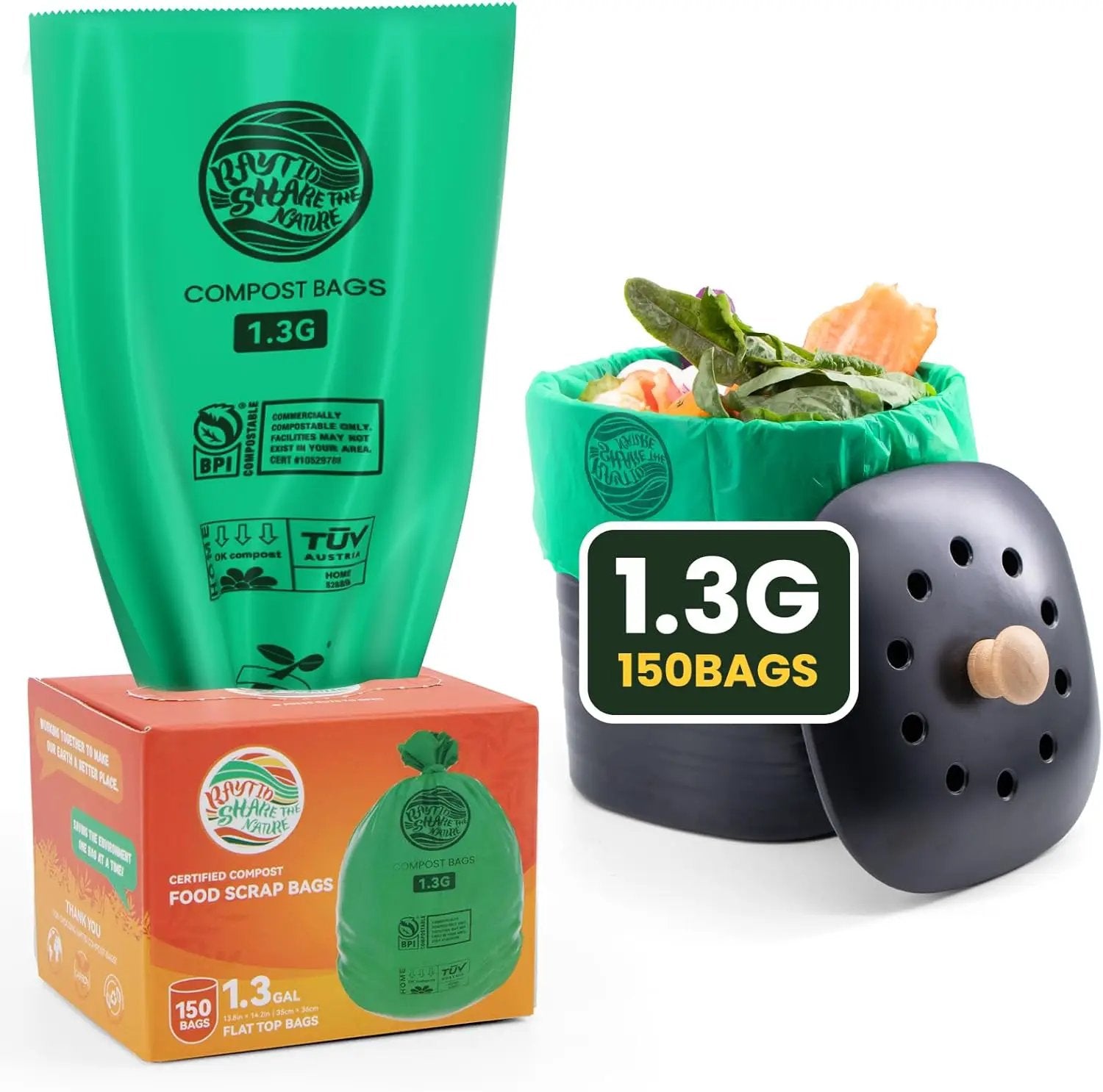 Compost Bags 1.3 Gallon,150 Count,Compostable Small Trash Bags for Kitchen Countertop Compost Bin 0.75, 1,1.2, 1.3Gallon,ASTM D6400, US BPI and Europe OK compost HOME certified by GreenHaven Gardens