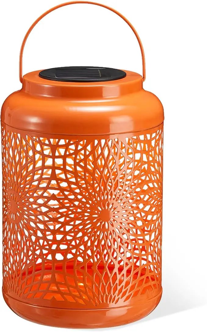 Glitzhome Solar Lantern Orange Metal Cutout Scrollwork Outdoor Hanging Solar Light with Handle for Garden Patio Yard Outdoor Decor by GreenHaven Gardens
