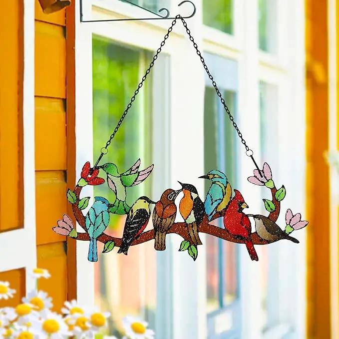 Huray Rayho Birds On Branch Stained Glass Suncatcher Cardinal Hummingbird Kingfisher Double Side Glass Panel Window Hanging Decor Bird Ornament Bird Lover Gift for Mom Grandma by GreenHaven Gardens